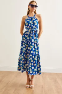Olalook Women's Daisy Saks Blue Halter Collar Belted Woven Viscon Dress - Image 2