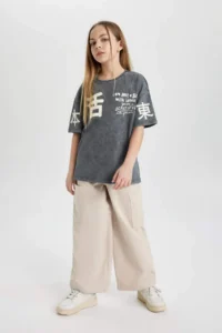 DeFacto Girl's Relax Fit Crew Neck Printed Washable Faded Effect Short Sleeve T-Shirt - Image 5