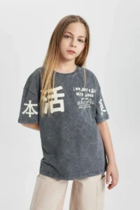 DeFacto Girl's Relax Fit Crew Neck Printed Washable Faded Effect Short Sleeve T-Shirt - Image 6