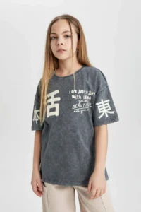 DeFacto Girl's Relax Fit Crew Neck Printed Washable Faded Effect Short Sleeve T-Shirt - Image 7