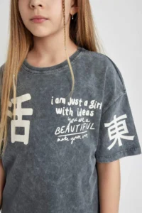 DeFacto Girl's Relax Fit Crew Neck Printed Washable Faded Effect Short Sleeve T-Shirt - Image 8