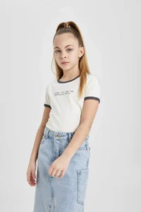 DeFacto Girl's Crew Neck Crop Printed Short Sleeve T-Shirt