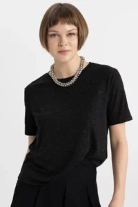 DeFacto Relax Fit Crew Neck Lurex Fabric Short Sleeve Black T-Shirt C1662ax24sp