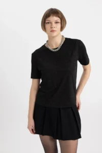 DeFacto Relax Fit Crew Neck Lurex Fabric Short Sleeve Black T-Shirt C1662ax24sp - Image 2