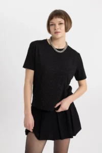 DeFacto Relax Fit Crew Neck Lurex Fabric Short Sleeve Black T-Shirt C1662ax24sp - Image 3