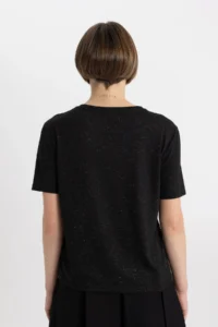 DeFacto Relax Fit Crew Neck Lurex Fabric Short Sleeve Black T-Shirt C1662ax24sp - Image 5