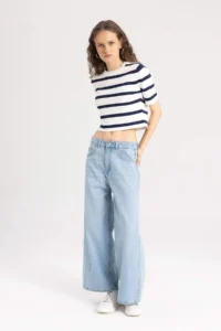DeFacto Fitted Crew Neck Striped Short Sleeve Knitwear T-Shirt - Image 2
