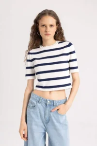 DeFacto Fitted Crew Neck Striped Short Sleeve Knitwear T-Shirt - Image 3