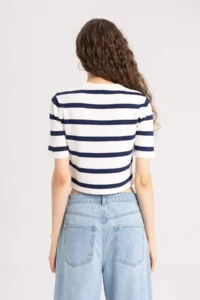 DeFacto Fitted Crew Neck Striped Short Sleeve Knitwear T-Shirt - Image 6