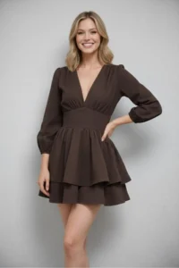 Cool & Sexy Imported Poplin Material Tarlatan Detail Brown Dress - Image 5