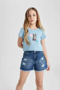 DeFacto Girl's Crew Neck Printed Ribbed Short Sleeve T-Shirt