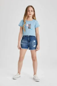 DeFacto Girl's Crew Neck Printed Ribbed Short Sleeve T-Shirt - Image 2