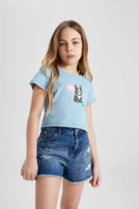 DeFacto Girl's Crew Neck Printed Ribbed Short Sleeve T-Shirt - Image 4