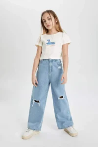 DeFacto Crew Neck Printed Ribbed Short Sleeve T-Shirt Girls - Image 2