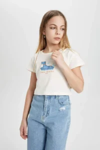DeFacto Crew Neck Printed Ribbed Short Sleeve T-Shirt Girls - Image 3