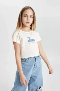 DeFacto Crew Neck Printed Ribbed Short Sleeve T-Shirt Girls - Image 4