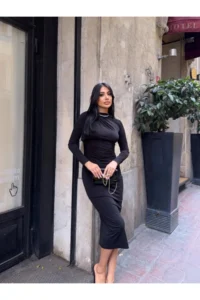 Cool & Sexy Yaka Detay Sandy Material Dress Black