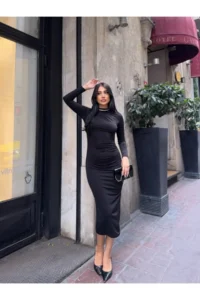 Cool & Sexy Yaka Detay Sandy Material Dress Black - Image 2