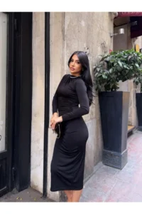 Cool & Sexy Yaka Detay Sandy Material Dress Black - Image 3