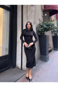 Cool & Sexy Yaka Detay Sandy Material Dress Black - Image 4