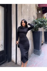 Cool & Sexy Yaka Detay Sandy Material Dress Black - Image 5
