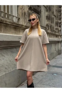 Cool & Sexy Women Rahat Kesim Soft Short Dress Beige - Image 2