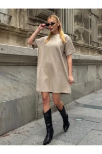 Cool & Sexy Women Rahat Kesim Soft Short Dress Beige - Image 3