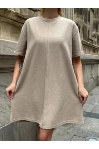 Cool & Sexy Women Rahat Kesim Soft Short Dress Beige - Image 4
