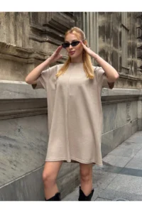 Cool & Sexy Women Rahat Kesim Soft Short Dress Beige - Image 6