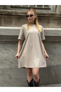 Cool & Sexy Women Rahat Kesim Soft Short Dress Beige - Image 7