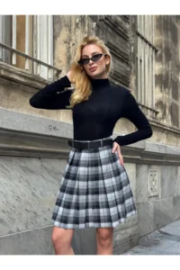 Cool & Sexy Women's Plaid Pattern Belted High Waist Shorts Lined Mini Skirt - Image 2