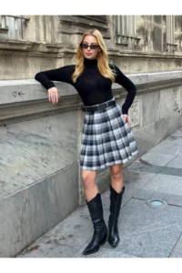 Cool & Sexy Women's Plaid Pattern Belted High Waist Shorts Lined Mini Skirt - Image 3