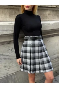 Cool & Sexy Women's Plaid Pattern Belted High Waist Shorts Lined Mini Skirt - Image 4