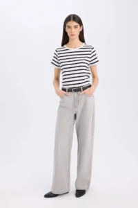 DeFacto Regular Fit Crew Neck Striped Short Sleeve T-Shirt - Image 3