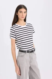 DeFacto Regular Fit Crew Neck Striped Short Sleeve T-Shirt - Image 5