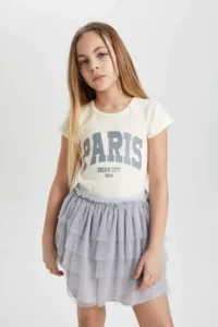 DeFacto Girl's Slim Fit Narrow Cut Crew Neck Ribbed Printed Short Sleeve T-Shirt C2953a824sm