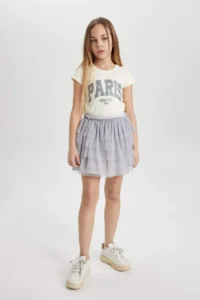 DeFacto Girl's Slim Fit Narrow Cut Crew Neck Ribbed Printed Short Sleeve T-Shirt C2953a824sm - Image 2