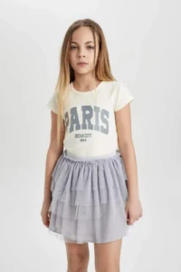 DeFacto Girl's Slim Fit Narrow Cut Crew Neck Ribbed Printed Short Sleeve T-Shirt C2953a824sm - Image 3