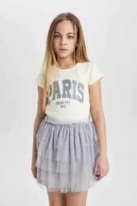 DeFacto Girl's Slim Fit Narrow Cut Crew Neck Ribbed Printed Short Sleeve T-Shirt C2953a824sm - Image 4