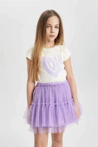DeFacto Girl's Slim Fit Narrow Cut Crew Neck Rib Printed Short Sleeve T-Shirt - Image 3