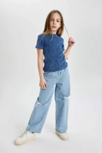 DeFacto Slim Fit Narrow Cut Crew Neck Ribbed Camisole Short Sleeve T-Shirt Girl Child - Image 2