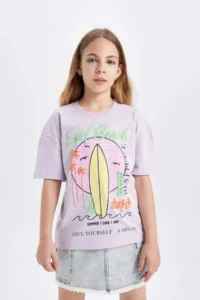 DeFacto Girl's Relax Fit Crew Neck Printed Short Sleeve T-Shirt