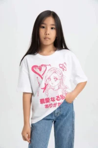 DeFacto Girl's Relax Fit Crew Neck Printed Short Sleeve T-Shirt - Image 3
