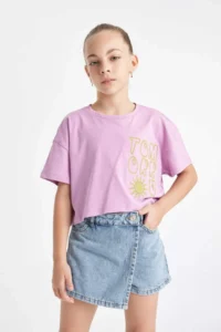DeFacto Crop Crew Neck Printed Short Sleeve T-Shirt Girls