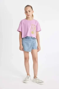 DeFacto Crop Crew Neck Printed Short Sleeve T-Shirt Girls - Image 2