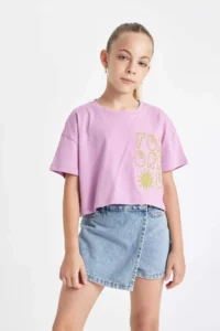 DeFacto Crop Crew Neck Printed Short Sleeve T-Shirt Girls - Image 3