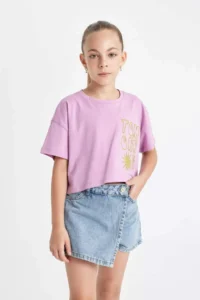 DeFacto Crop Crew Neck Printed Short Sleeve T-Shirt Girls - Image 4