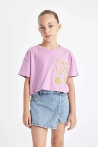 DeFacto Crop Crew Neck Printed Short Sleeve T-Shirt Girls - Image 5