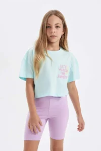 DeFacto Crop Crew Neck Printed Short Sleeve T-Shirt Girls