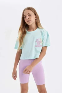 DeFacto Crop Crew Neck Printed Short Sleeve T-Shirt Girls - Image 4